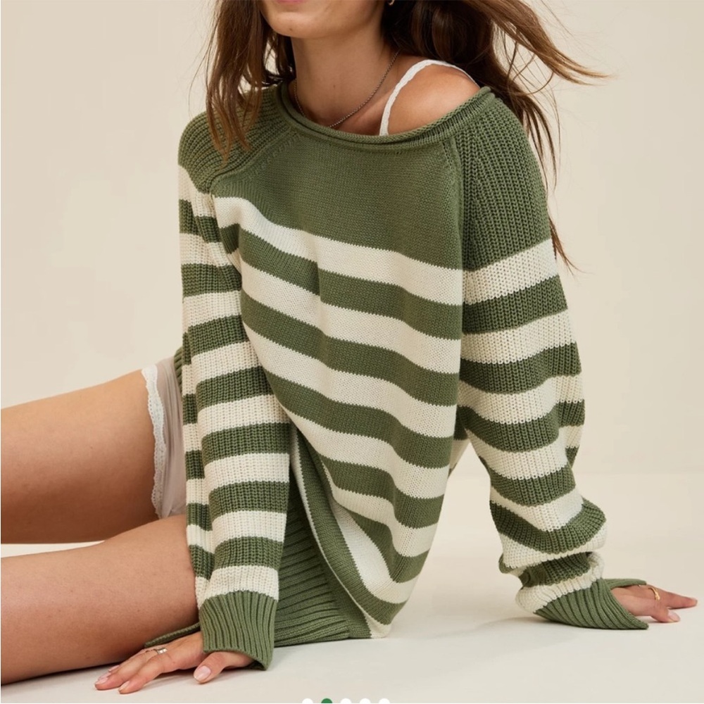 Aerie bistro oversized sweater - olive green/white striped